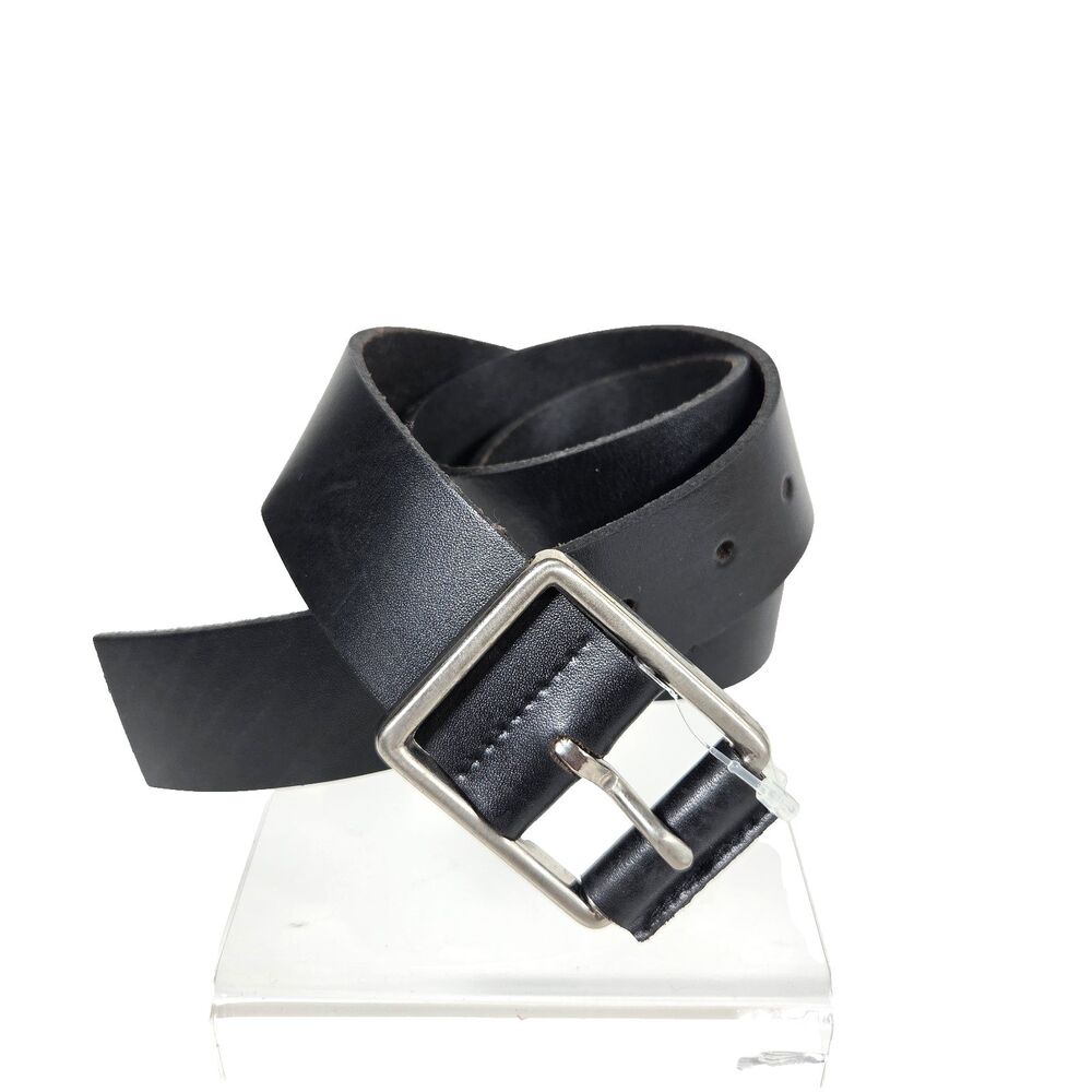 Club Monaco Women's Black Leather Belt Small Fits 30-33.5" Silver Square Buckle